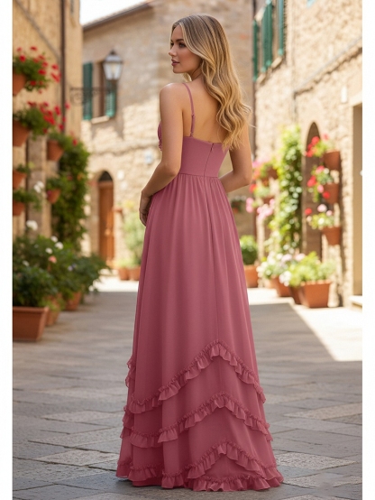 Chiffon Spaghetti Straps Evening Dresses with Ruffles