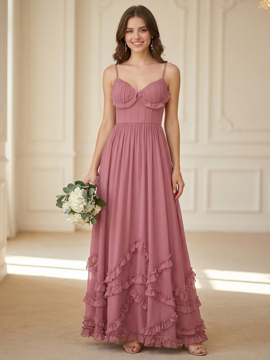 Chiffon Spaghetti Straps Evening Dresses with Ruffles