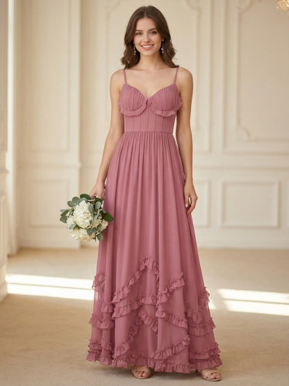 Chiffon Spaghetti Straps Evening Dresses with Ruffles