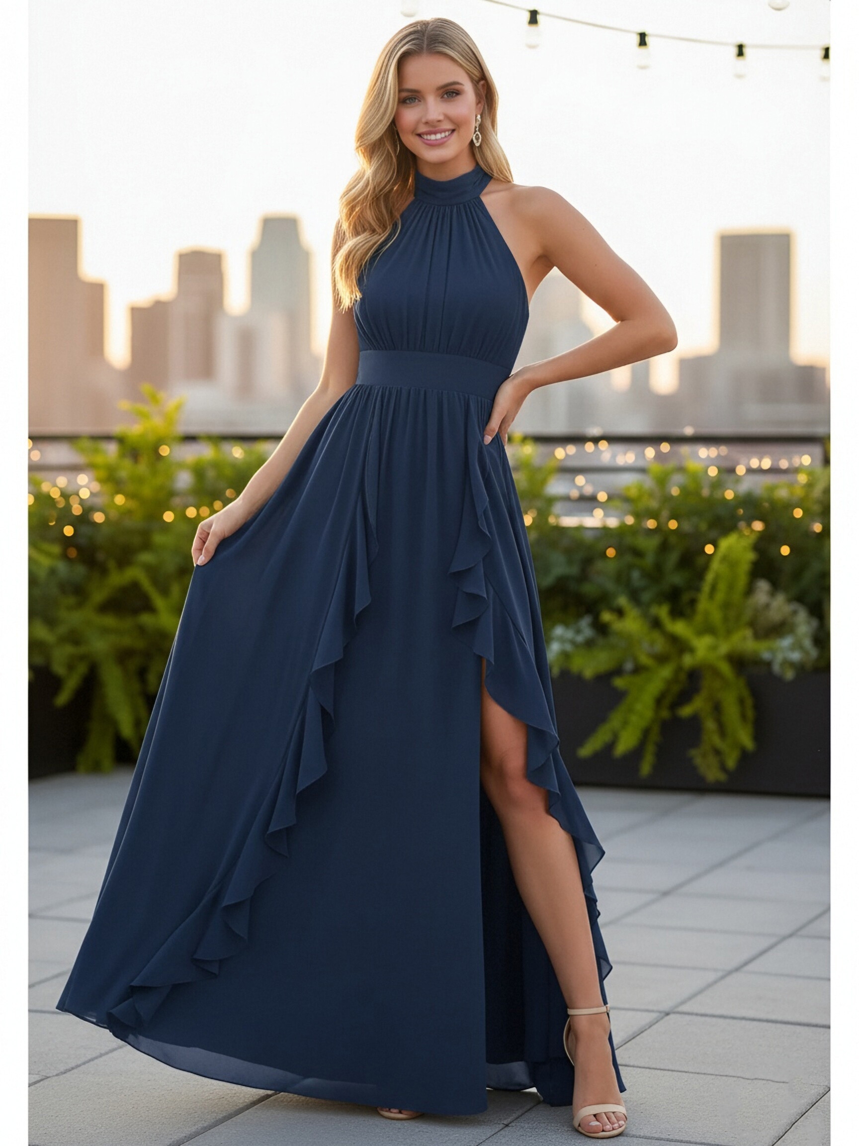 Chiffon Halter Evening Dresses with Slit