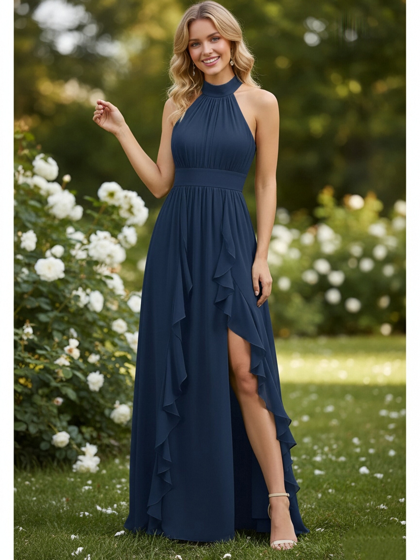 Chiffon Halter Evening Dresses with Slit
