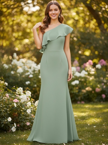 Chiffon One Shoulder Evening Dresses with Ruffles