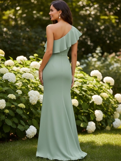 Chiffon One Shoulder Evening Dresses with Ruffles