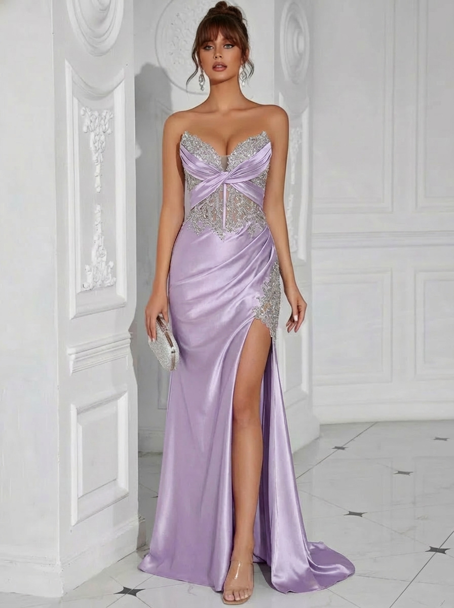Satin Beading Strapless Corset Evening Dresses with Slit