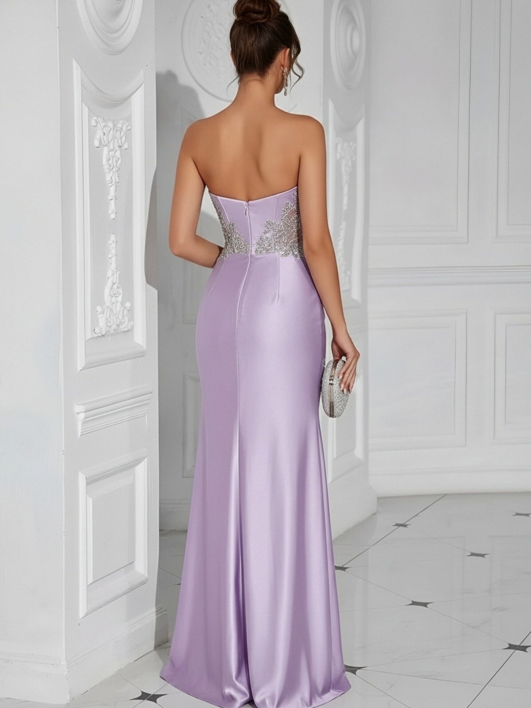 Satin Beading Strapless Corset Evening Dresses with Slit