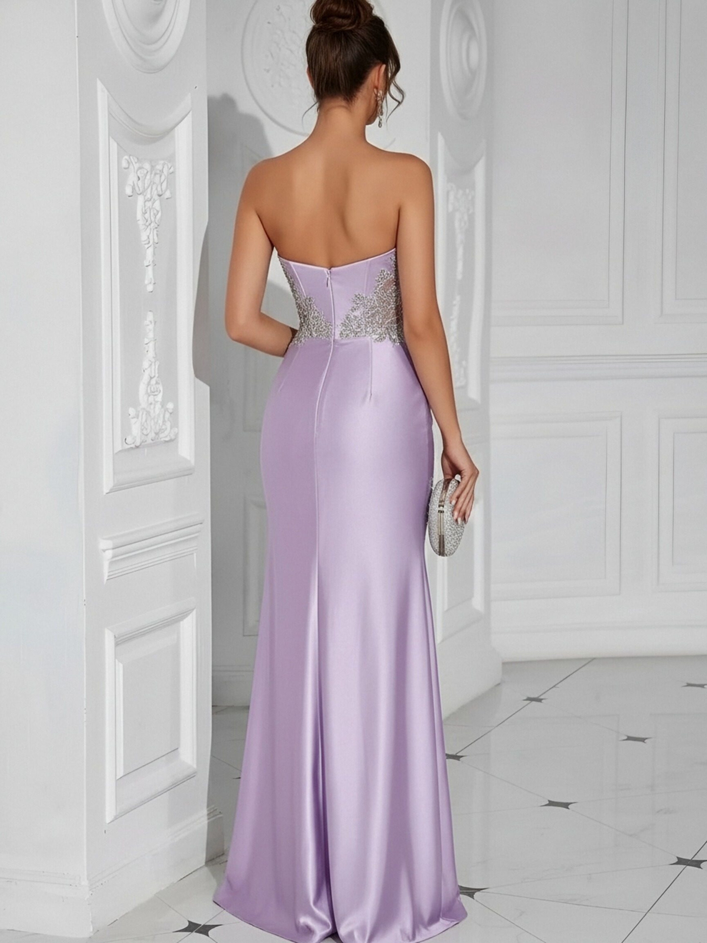 Satin Beading Strapless Corset Evening Dresses with Slit