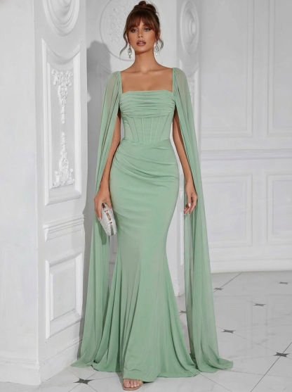 Chiffon Square Neck Evening Dresses with Pleats