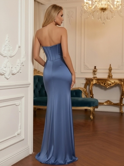 Satin Strapless Corset Evening Dresses with Slit