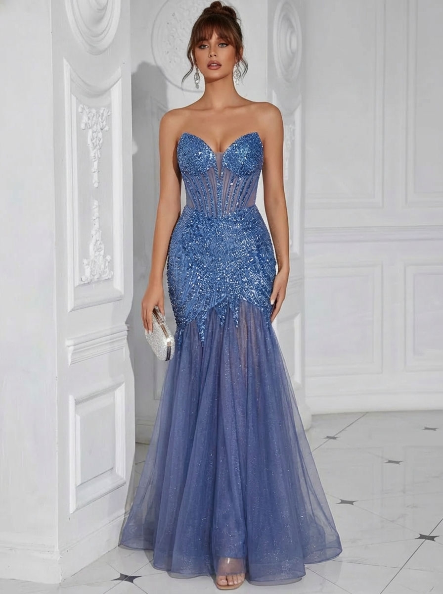 Tulle Sequin Strapless Corset Evening Dresses with Lace
