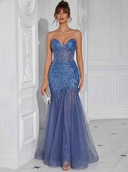 Tulle Sequin Strapless Corset Evening Dresses with Lace