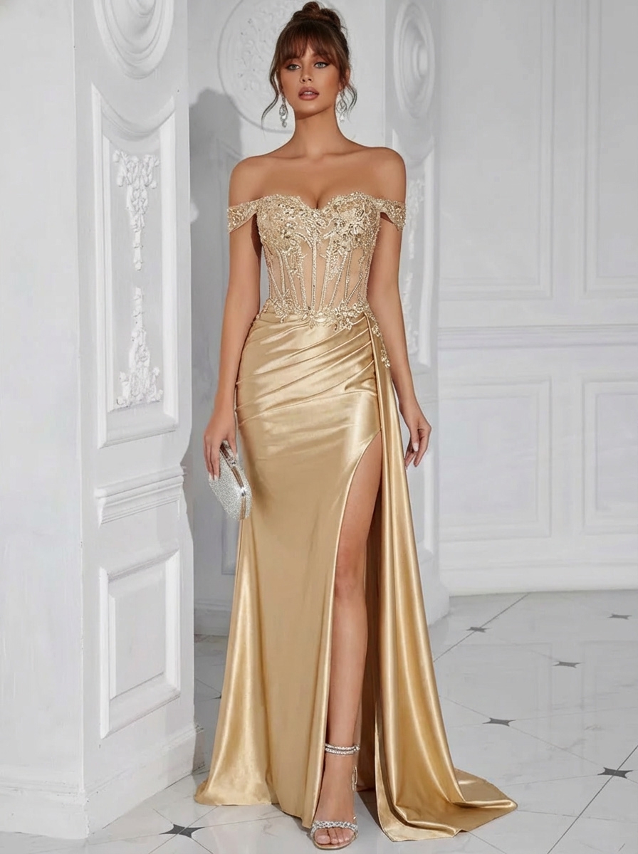 Satin Lace Jacquard Strapless Corset Evening Dresses with Slit