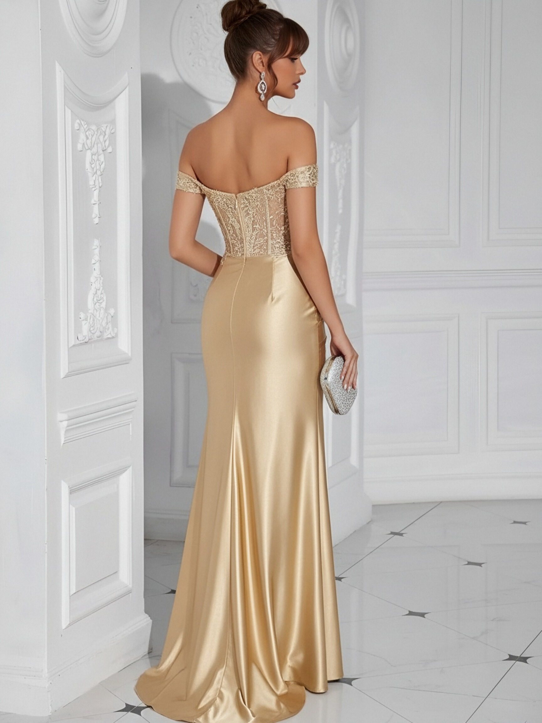 Satin Lace Jacquard Strapless Corset Evening Dresses with Slit