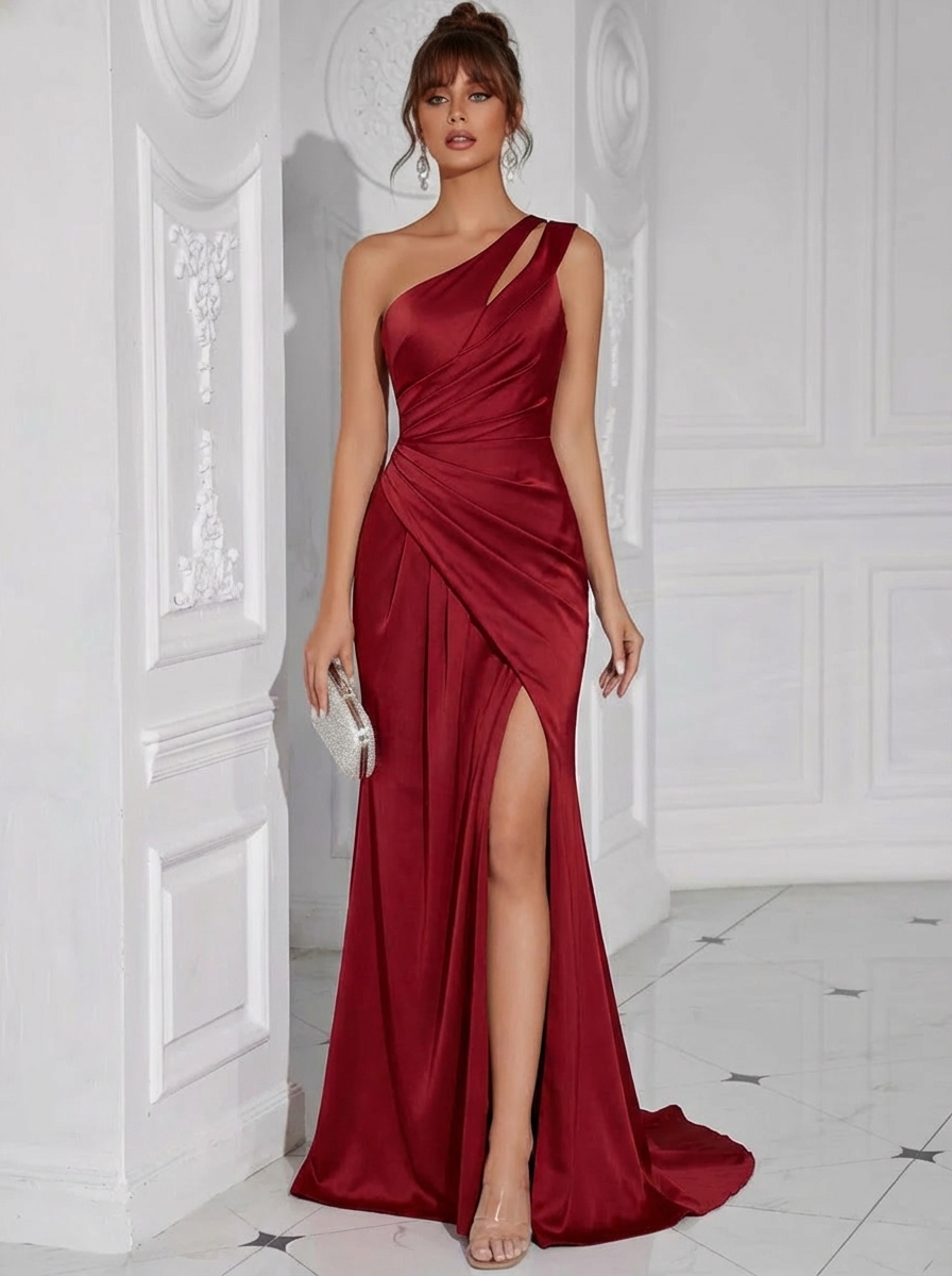 Satin One Shoulder Evening Dresses with Slit