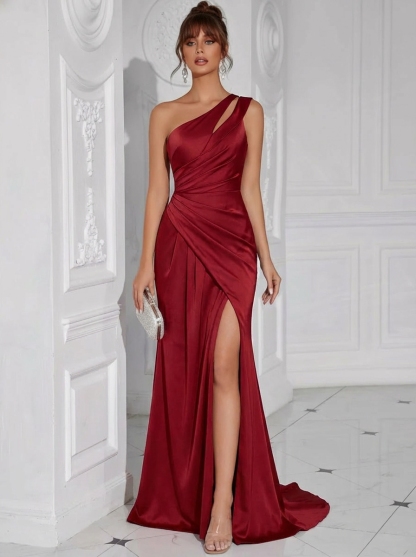 Satin One Shoulder Evening Dresses with Slit