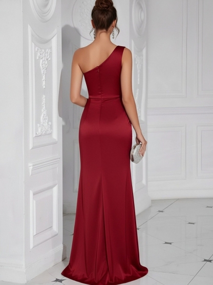 Satin One Shoulder Evening Dresses with Slit