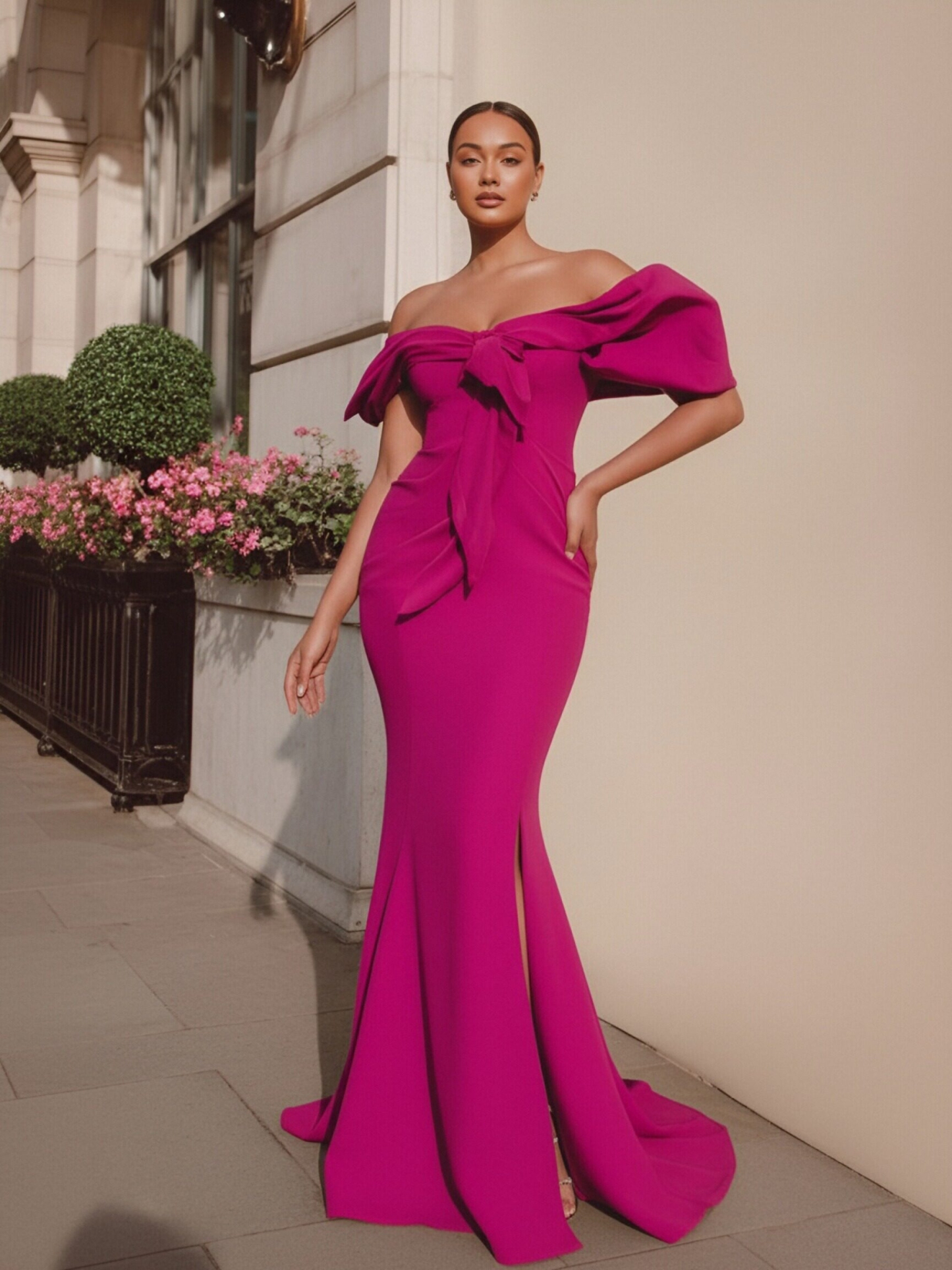 Satin Off Shoulder Evening Dresses with Ruffles