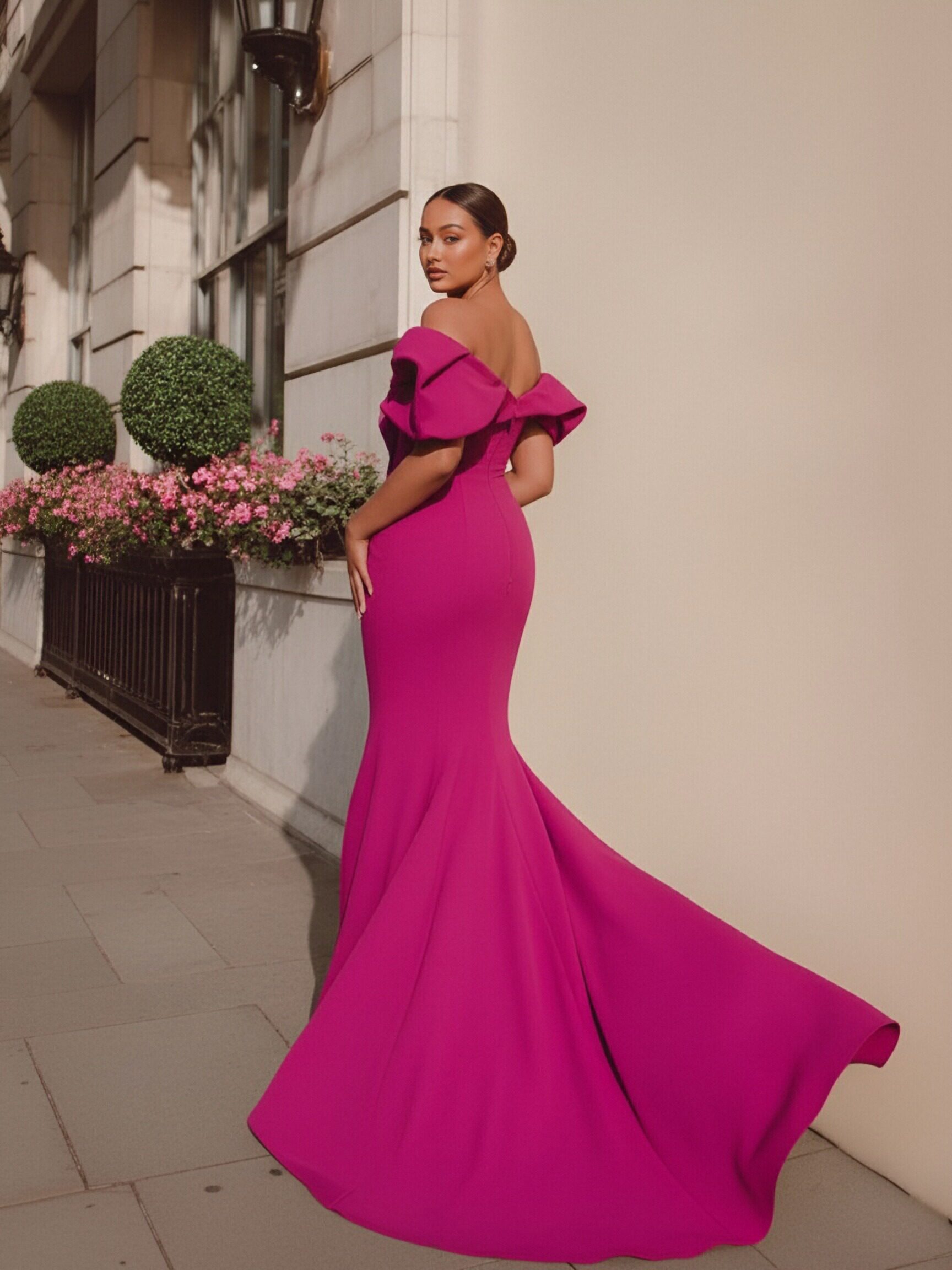 Satin Off Shoulder Evening Dresses with Ruffles