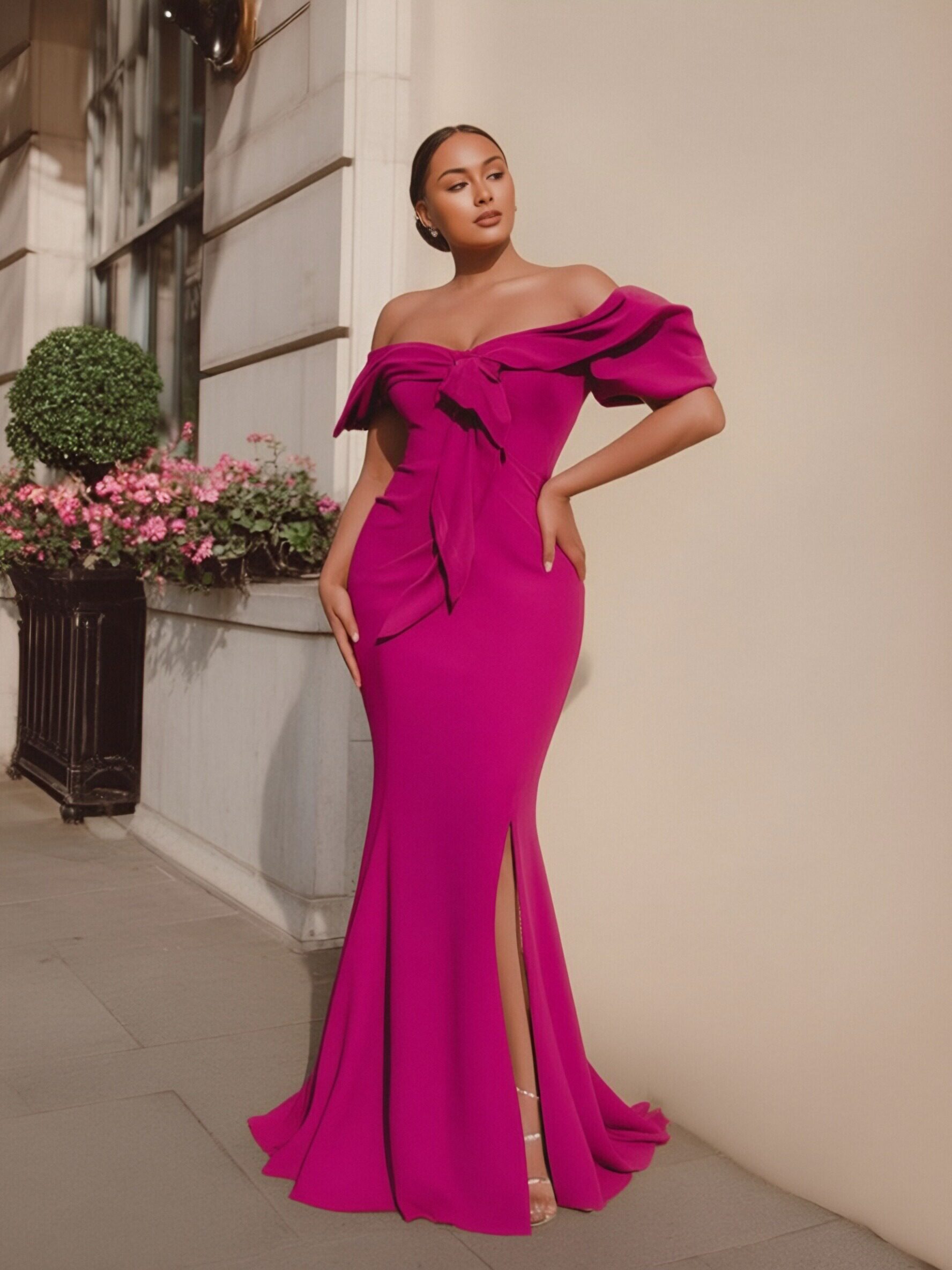 Satin Off Shoulder Evening Dresses with Ruffles