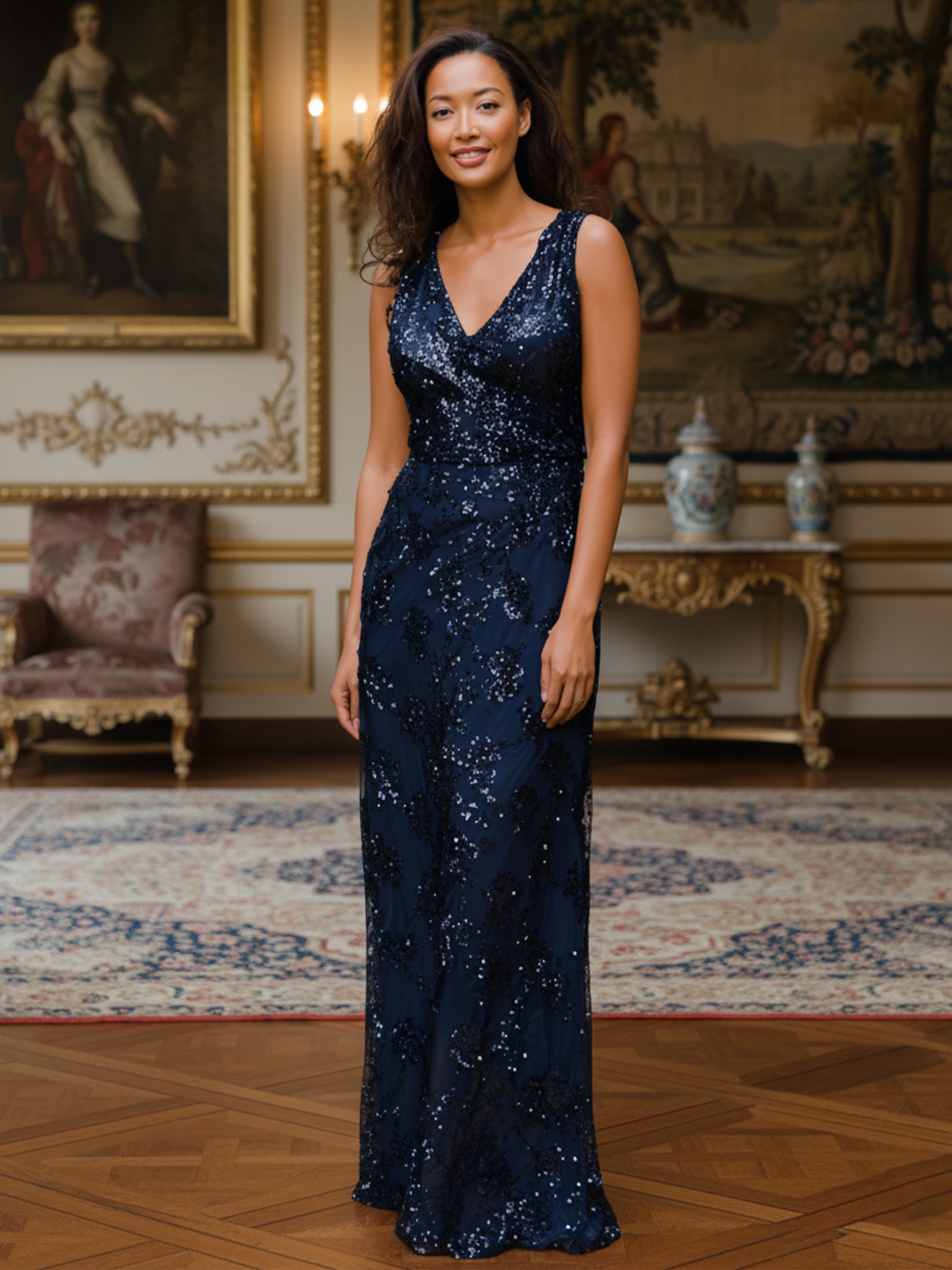 Sequin Jacquard Deep V Neck Evening Dresses for Formal Party