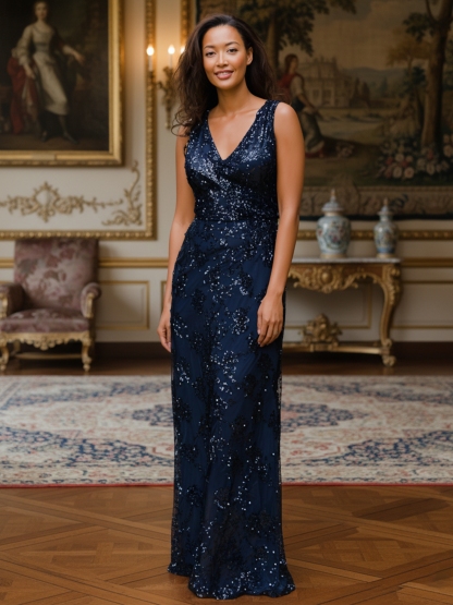 Sequin Jacquard Deep V Neck Evening Dresses for Formal Party