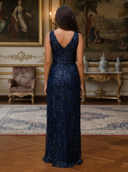 Sequin Jacquard Deep V Neck Evening Dresses for Formal Party