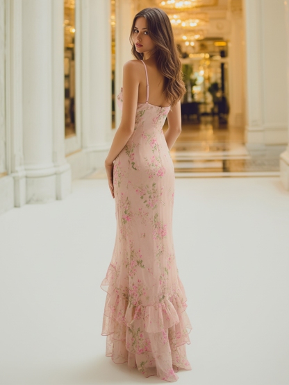 Floral Chiffon Spaghetti Straps Evening Dresses with Ruffles