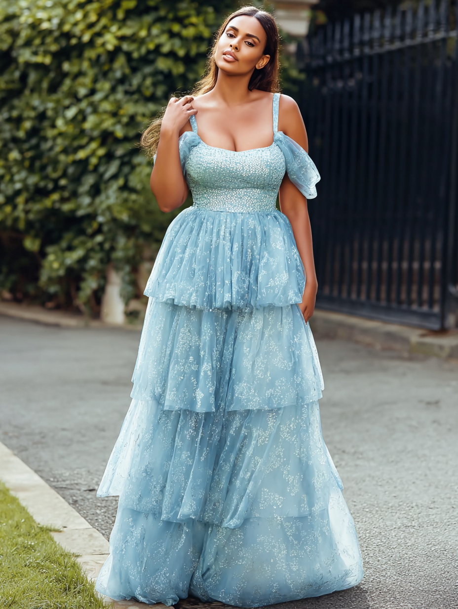 Chiffon Floral Print Spaghetti Straps Evening Dresses with Tiered