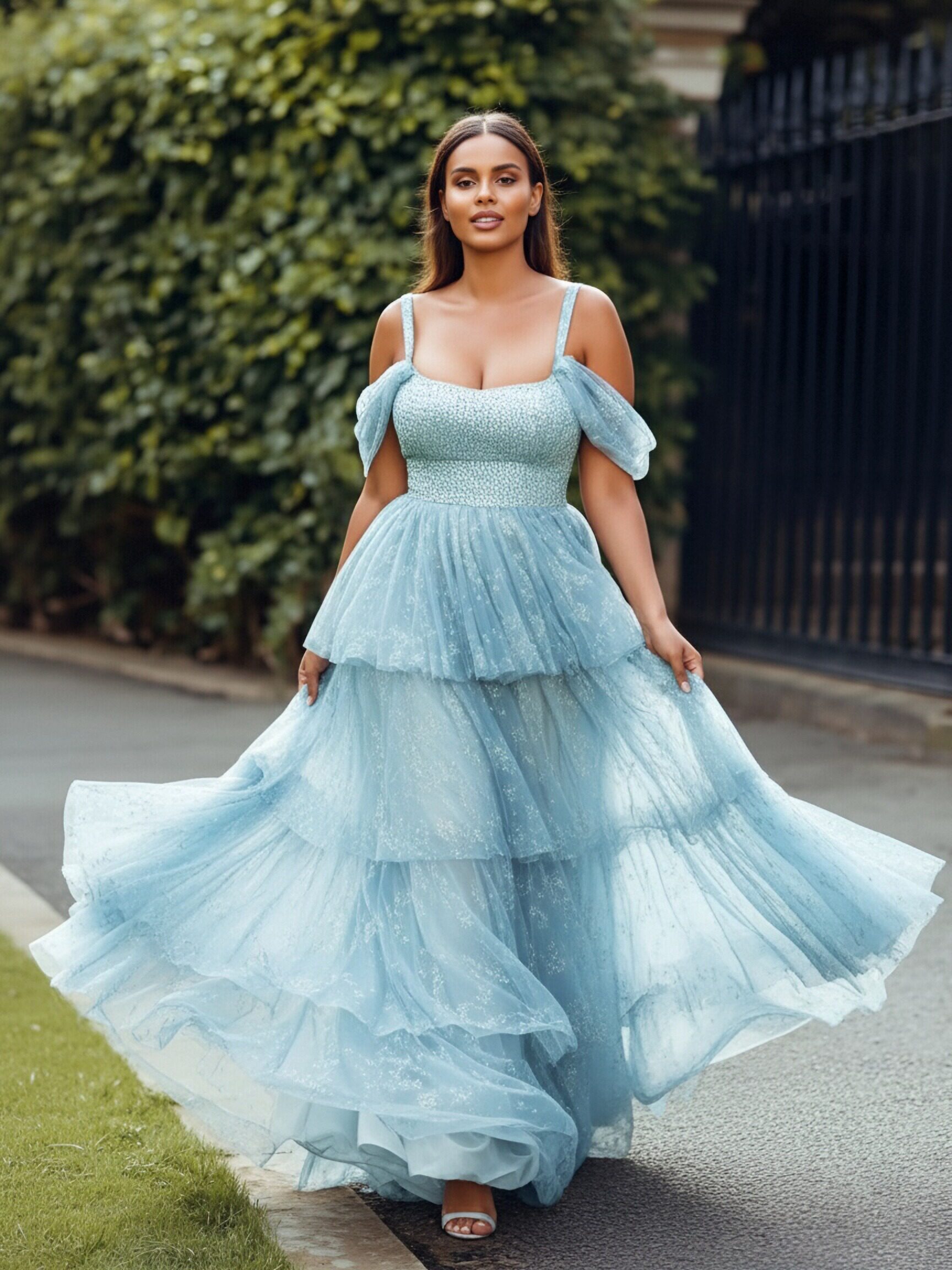 Chiffon Floral Print Spaghetti Straps Evening Dresses with Tiered