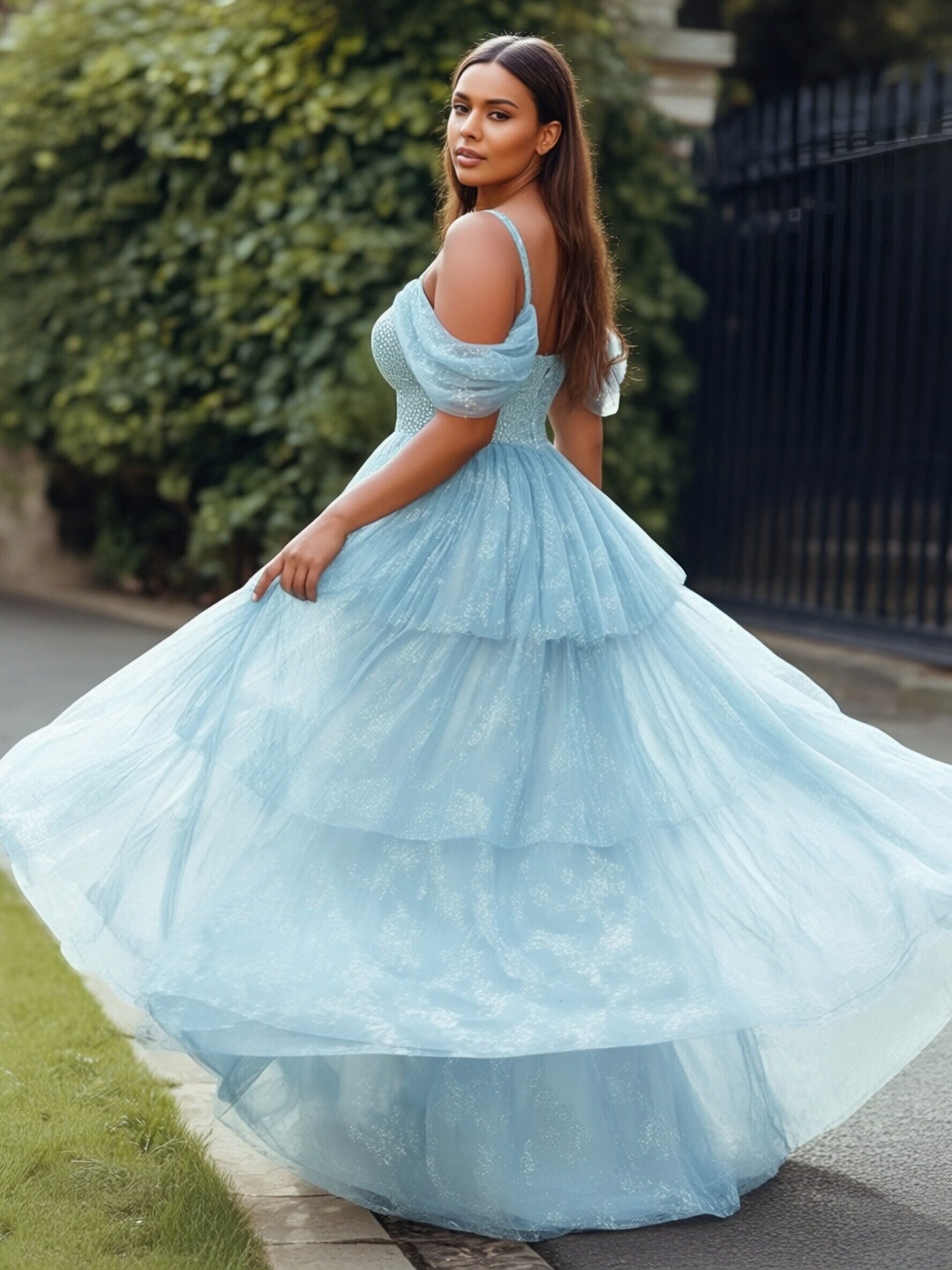 Chiffon Floral Print Spaghetti Straps Evening Dresses with Tiered