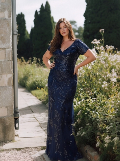 Sequin Jacquard Deep V Neck Evening Dresses for Formal Party