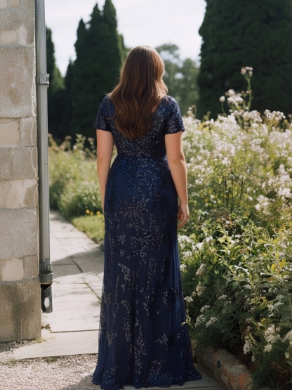 Sequin Jacquard Deep V Neck Evening Dresses for Formal Party