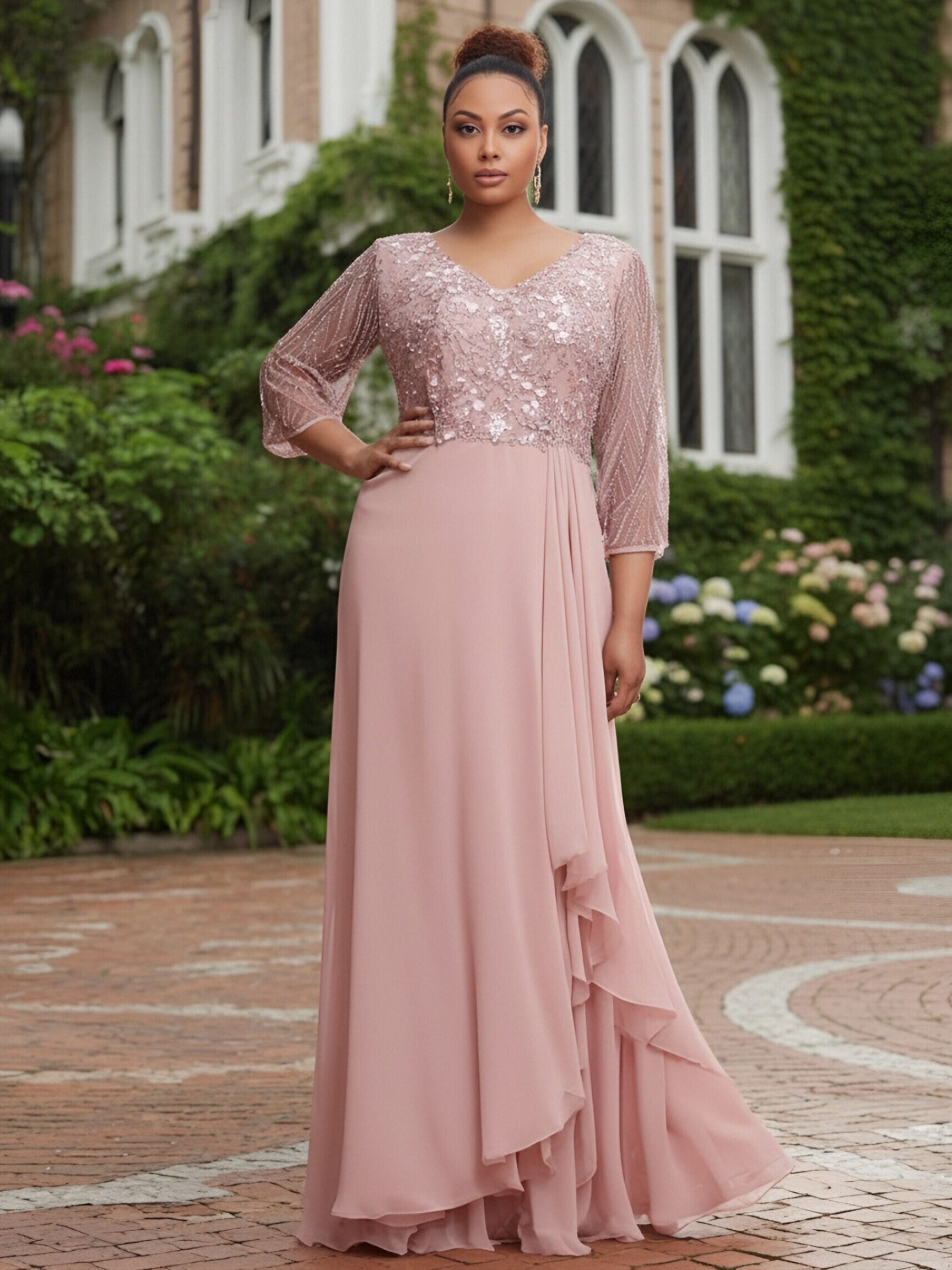 Chiffon Sequin V Neck Evening Dresses with Ruffles