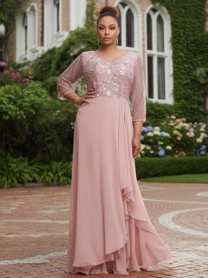 Chiffon Sequin V Neck Evening Dresses with Ruffles