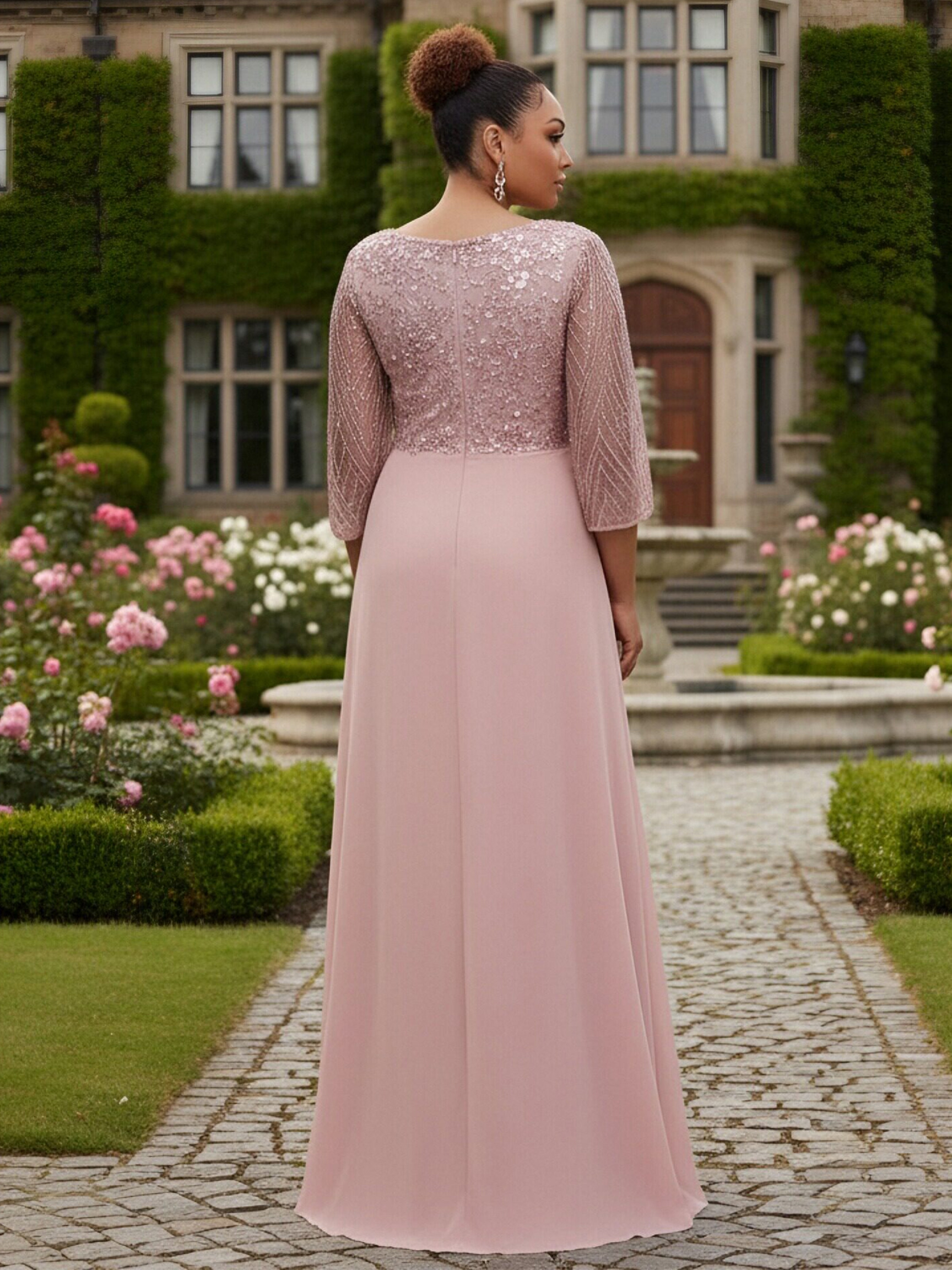 Chiffon Sequin V Neck Evening Dresses with Ruffles