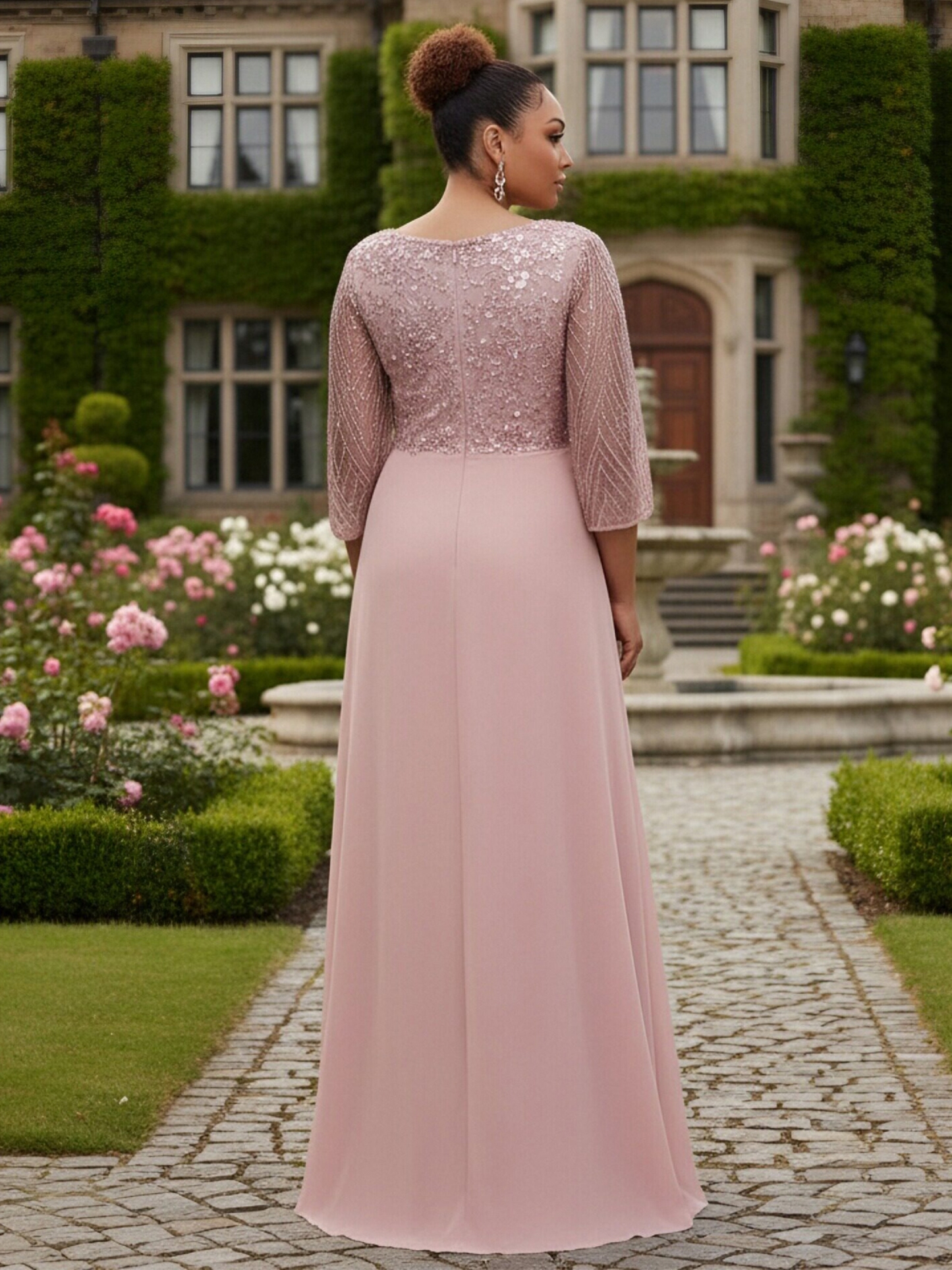 Chiffon Sequin V Neck Evening Dresses with Ruffles