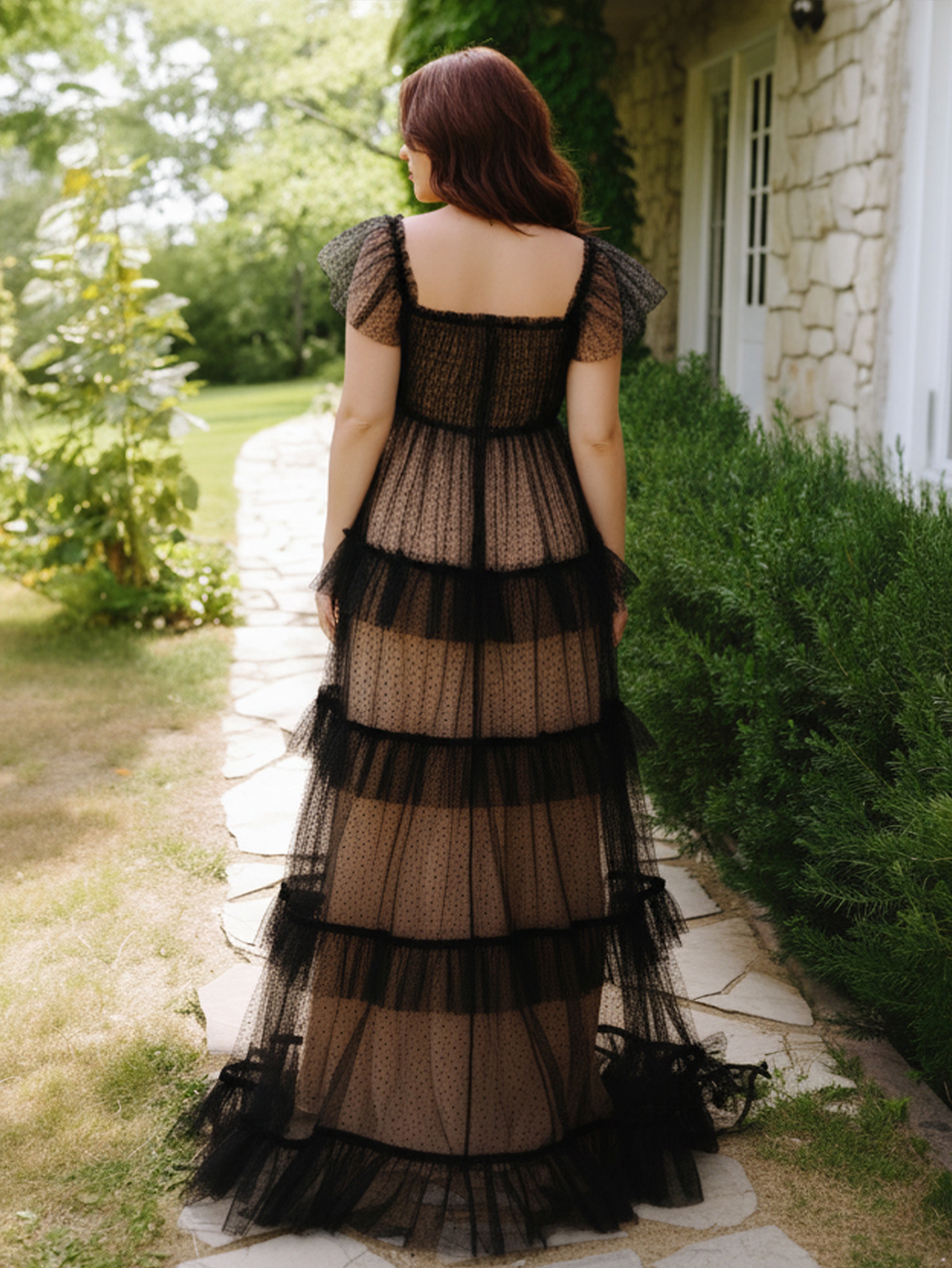 Tulle Square Neck Evening Dresses with Tiered
