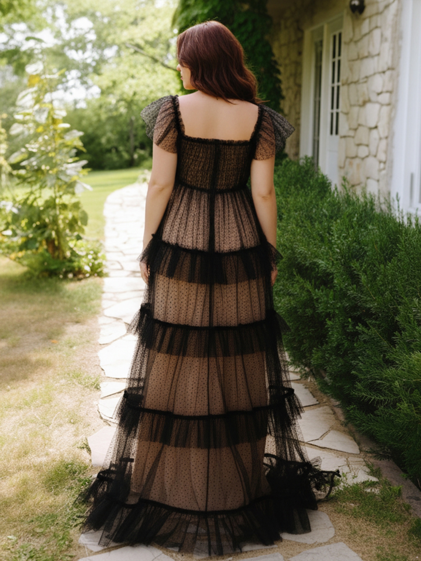 Tulle Square Neck Evening Dresses with Tiered