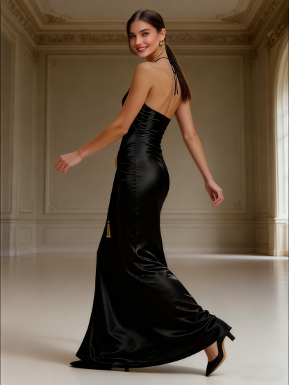 Satin Halter Long Evening Dresses with Pleats