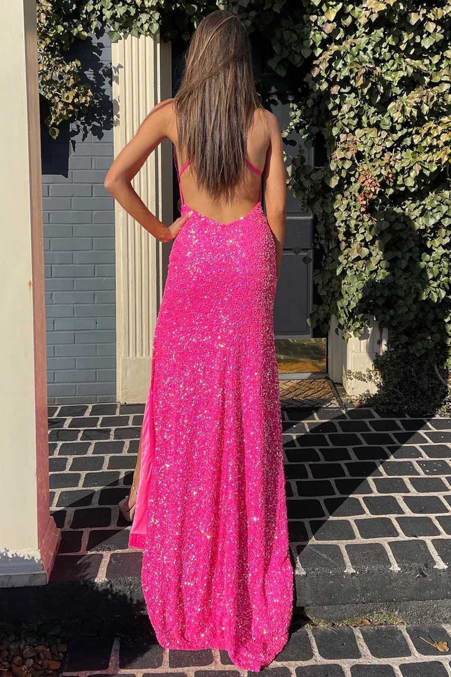 Women Sparkly Halter Sequin Gown with High Slit