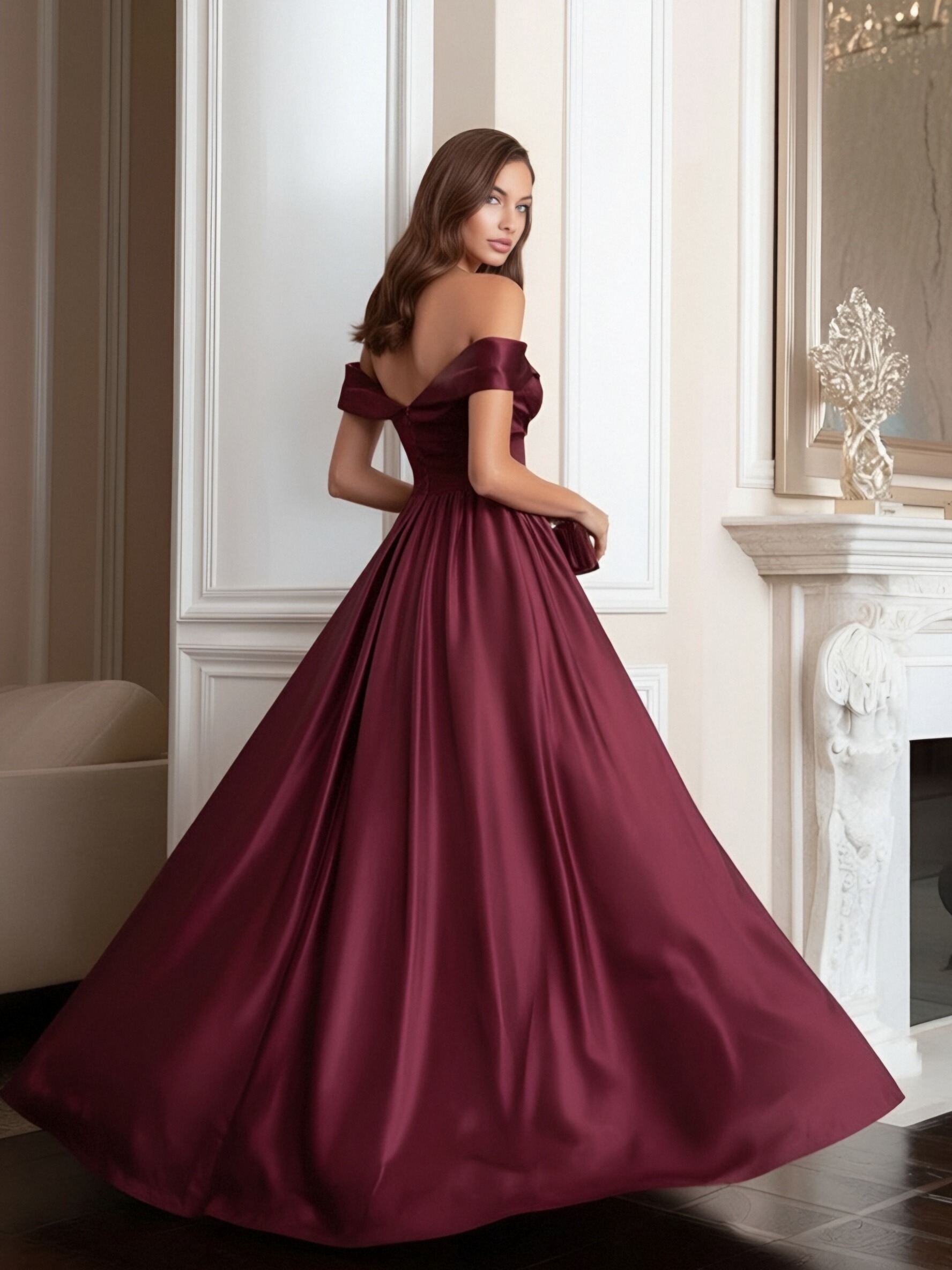 Satin Off Shoulder Gown Formal Prom Gala Maxi Dresses