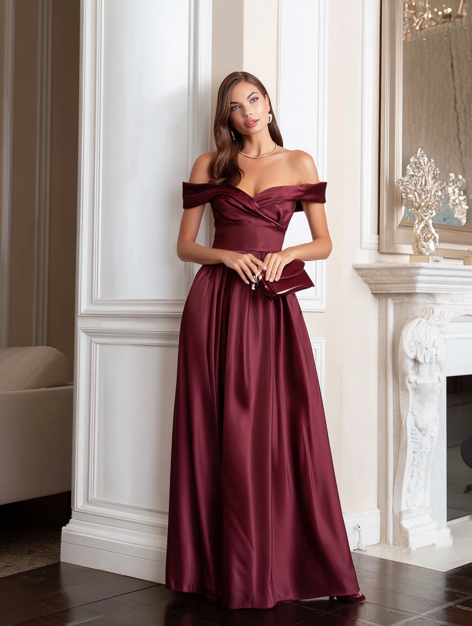 Satin Off Shoulder Gown Formal Prom Gala Maxi Dresses