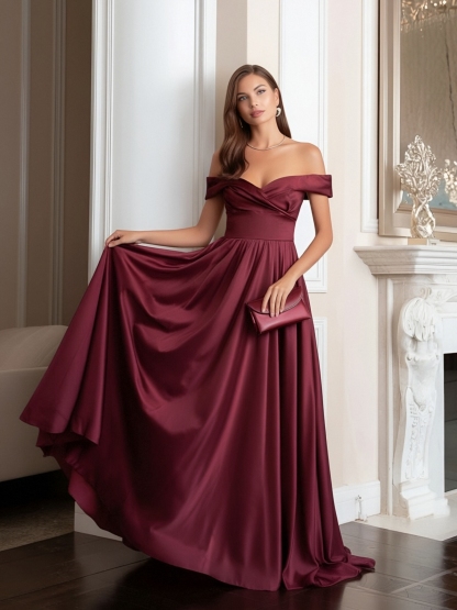 Satin Off Shoulder Gown Formal Prom Gala Maxi Dresses