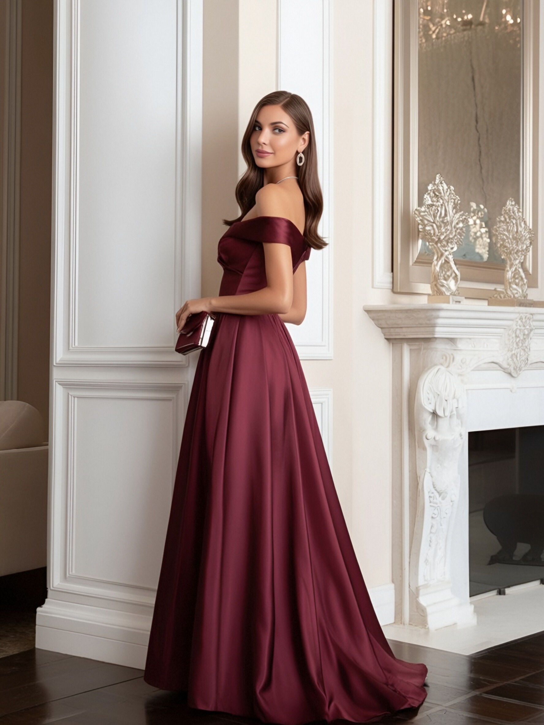 Satin Off Shoulder Gown Formal Prom Gala Maxi Dresses