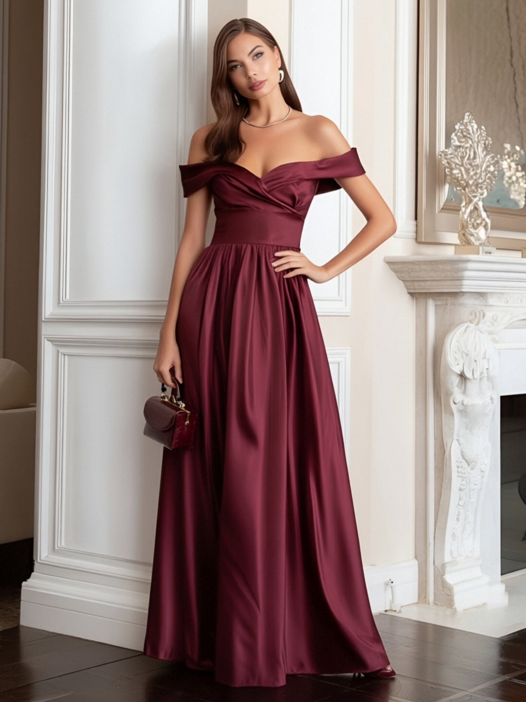 Satin Off Shoulder Gown Formal Prom Gala Maxi Dresses