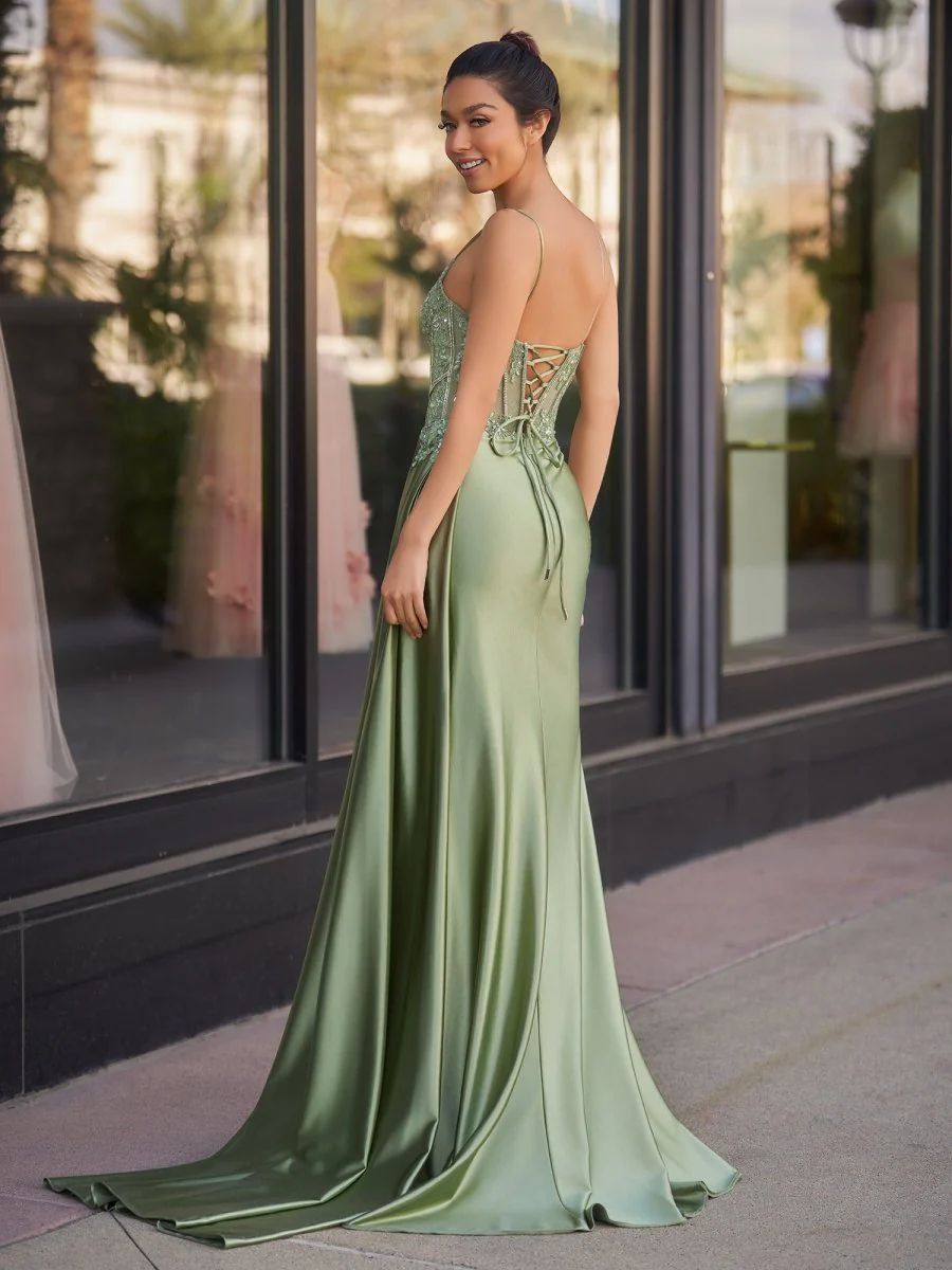 Spaghetti Straps Mermaid Appliqued Prom Dress with Split
