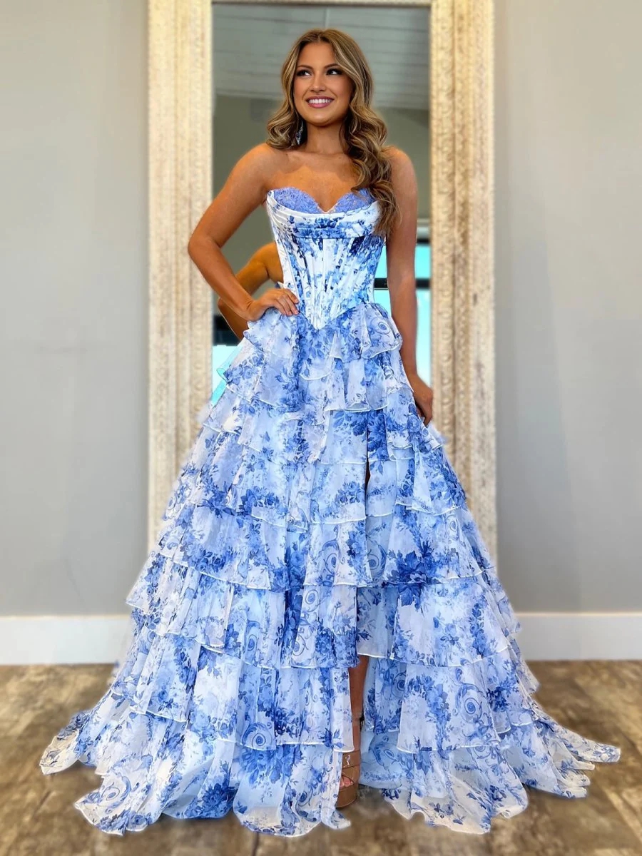 Strapless A Line Chiffon Floral Ruffled Prom Dress With Slit