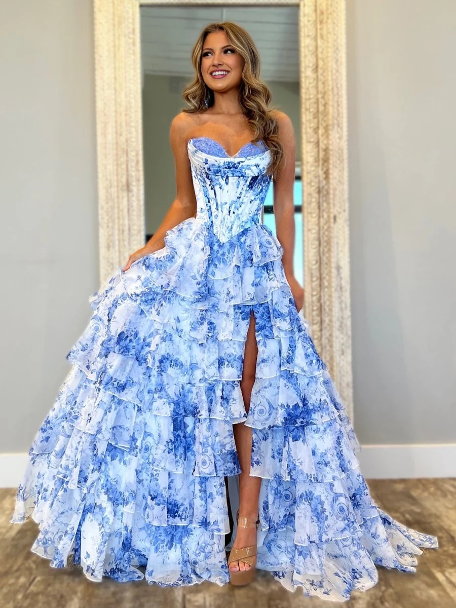 Strapless A Line Chiffon Floral Ruffled Prom Dress With Slit