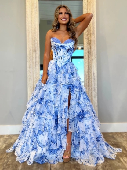 Strapless A Line Chiffon Floral Ruffled Prom Dress With Slit