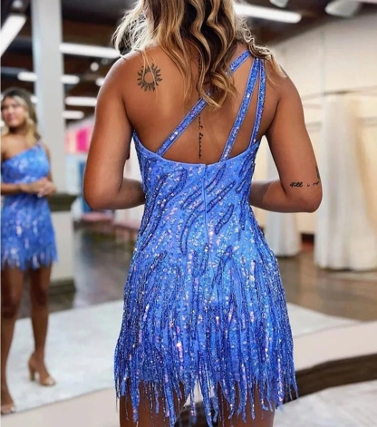 One Shoulder Sparkly Sequins Mini Party Dress with Fringes