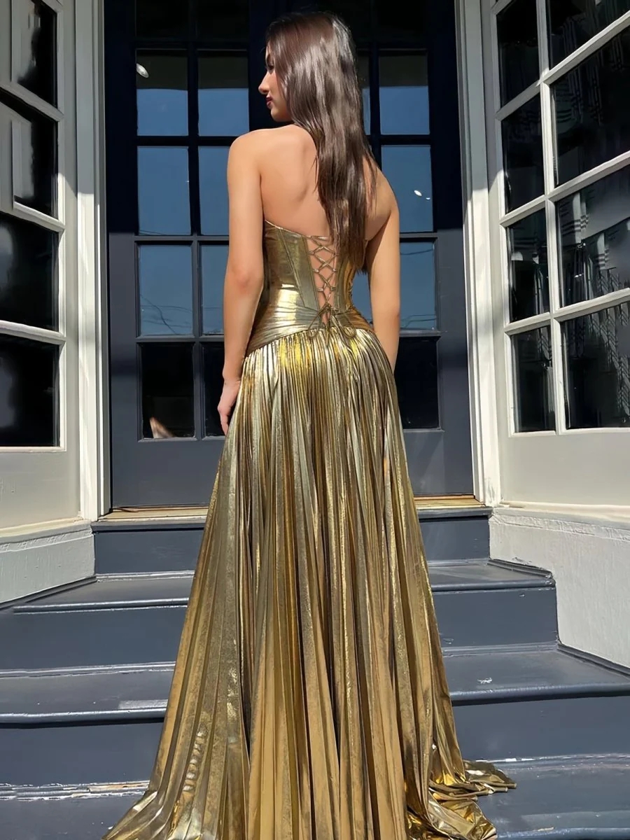 Pleated Sweetheart Metallic Long Formal Dress with Slit